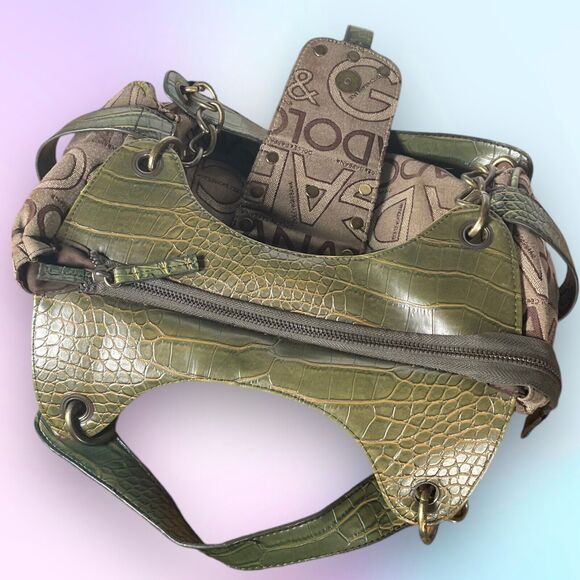 Dolce&Gabbana Shoulder Bag Designer Purse Brown Fabric w/ Green Textured Leather - Picture 8 of 13